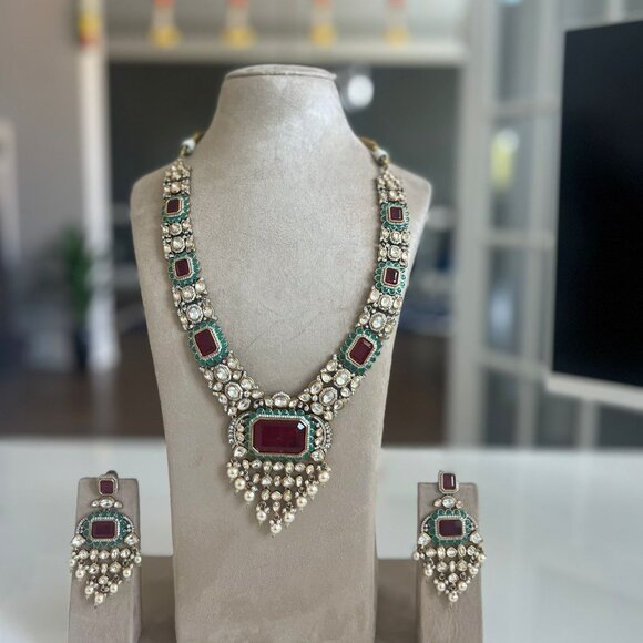 Victorian Polish Doublet Stone Necklace Set | Ruby Red Kundan Polki Jewelry - Picture 1 of 5